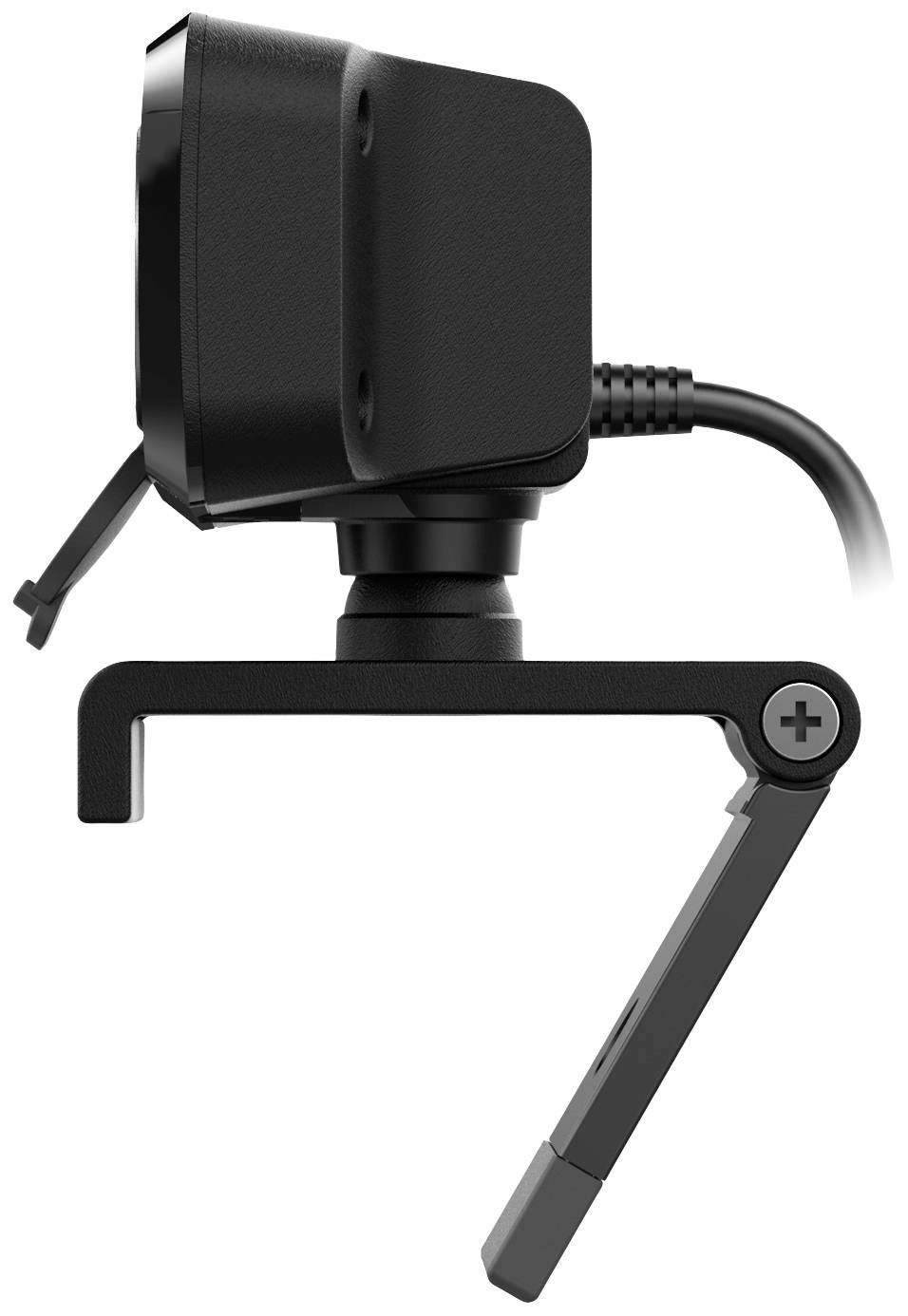 Zijaanzicht van een zwarte webcam op een verstelbare standaard, geschikt voor bevestiging aan een computermonitor, met USB-kabel.