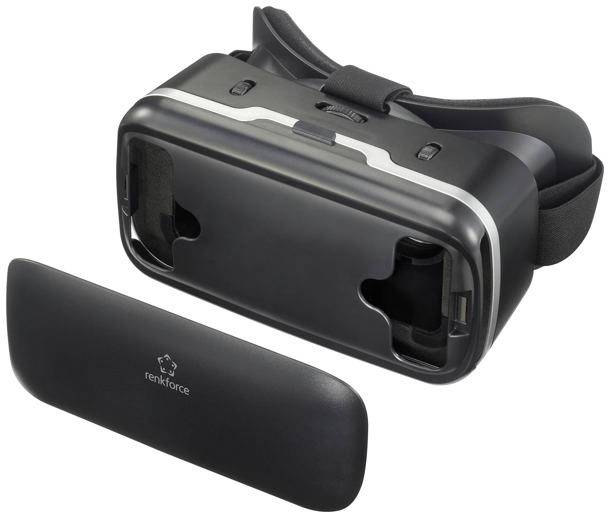 VR-bril van zwart kunststof, zonder zichtbare lenzen, met afneembare afdekking; geschikt voor virtuele realiteit.