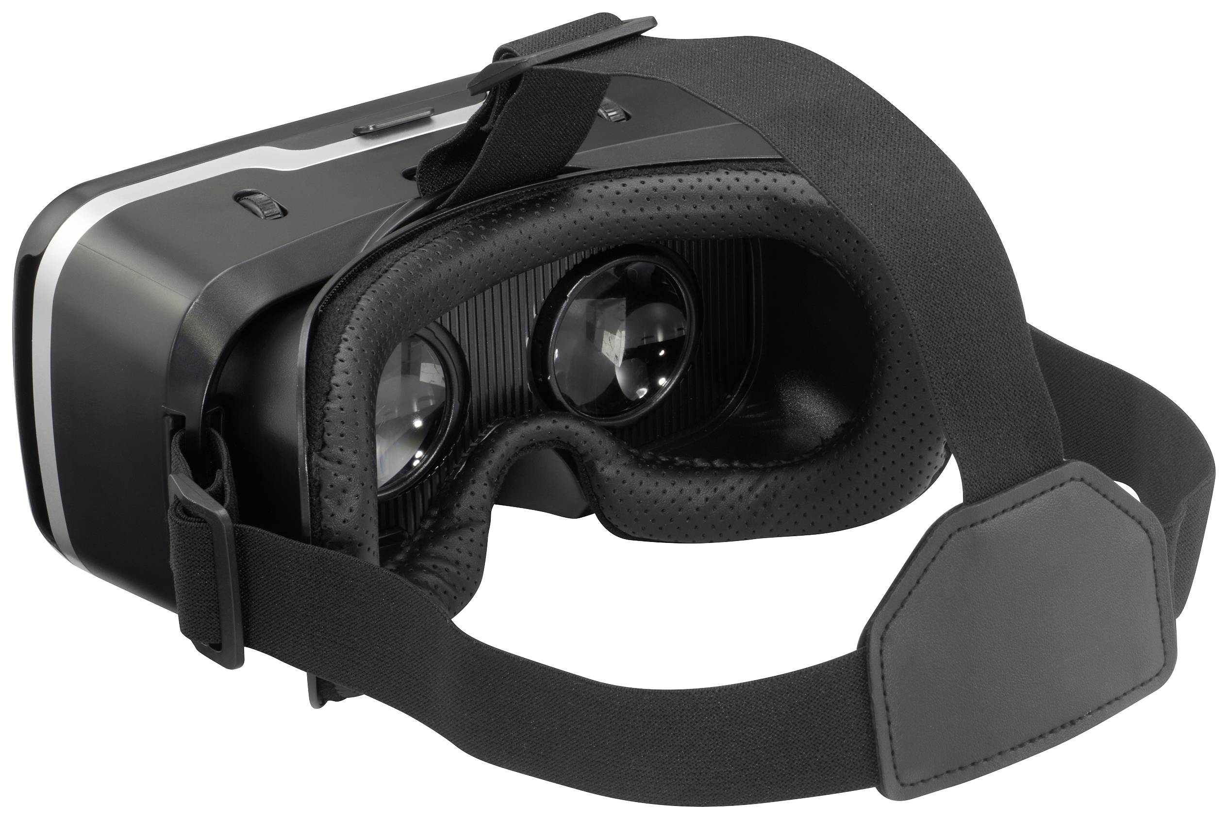 Zwarte virtual reality-bril met verstelbare riem, vooraanzicht en bovenaanzicht.