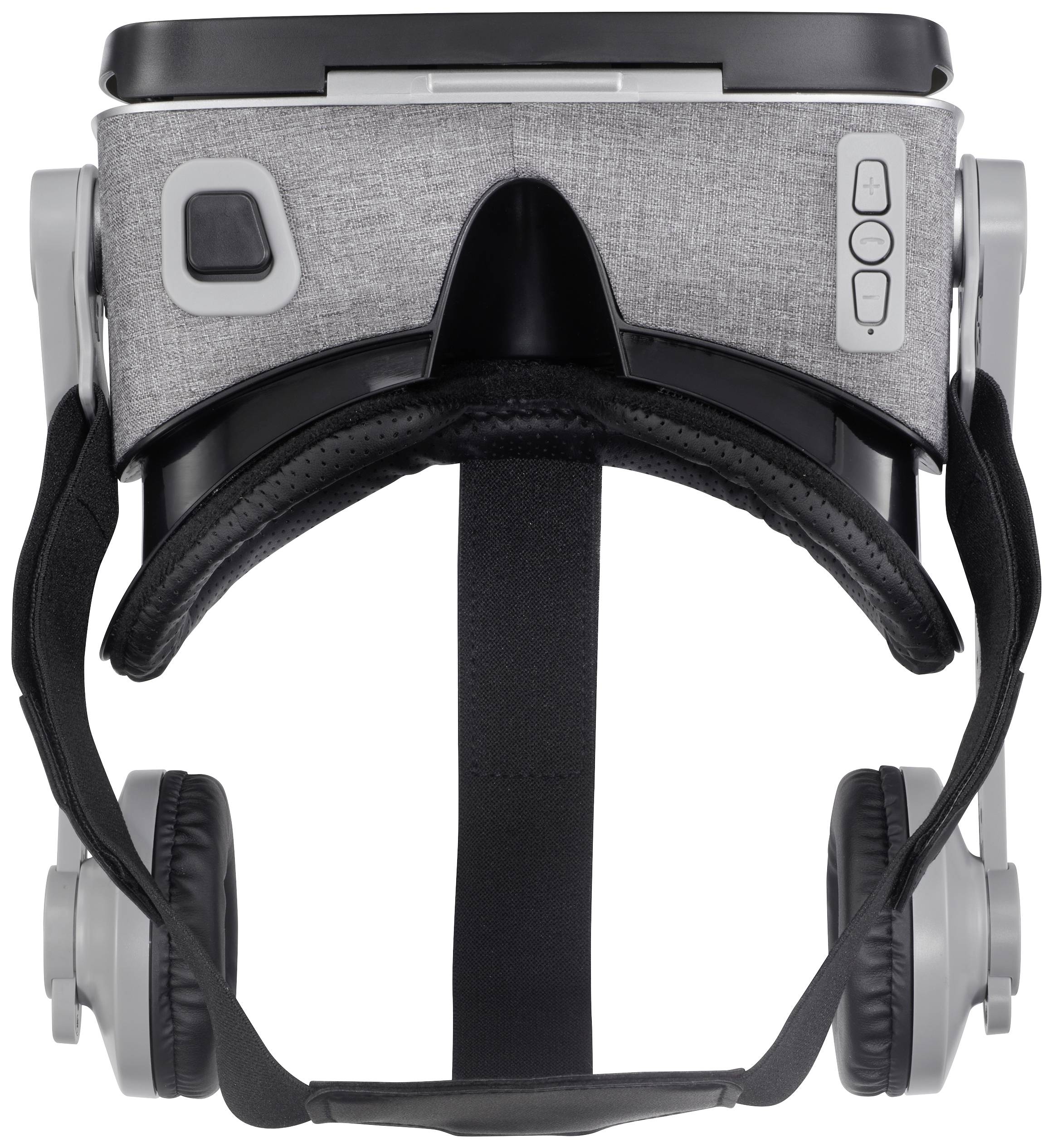 Een VR-bril met geïntegreerde koptelefoon, in grijs en zwart design. Knoppen aan de zijkant voor bediening.