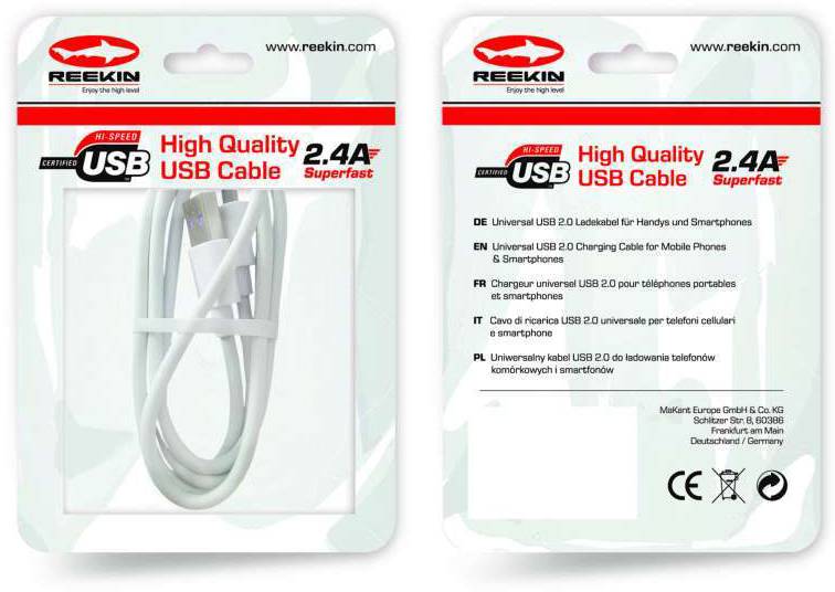 Twee verpakkingen van Reekin USB-kabels, 2.4A, geschikt voor smartphones, met beschrijving in meerdere talen op de achterkant.