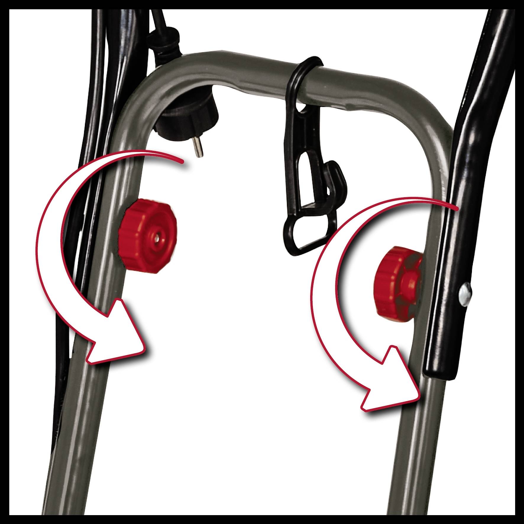 Twee rode draaiknoppen aan een metalen frame, met pijlen die naar de knoppen wijzen om hun aanpassing of functie te verduidelijken.