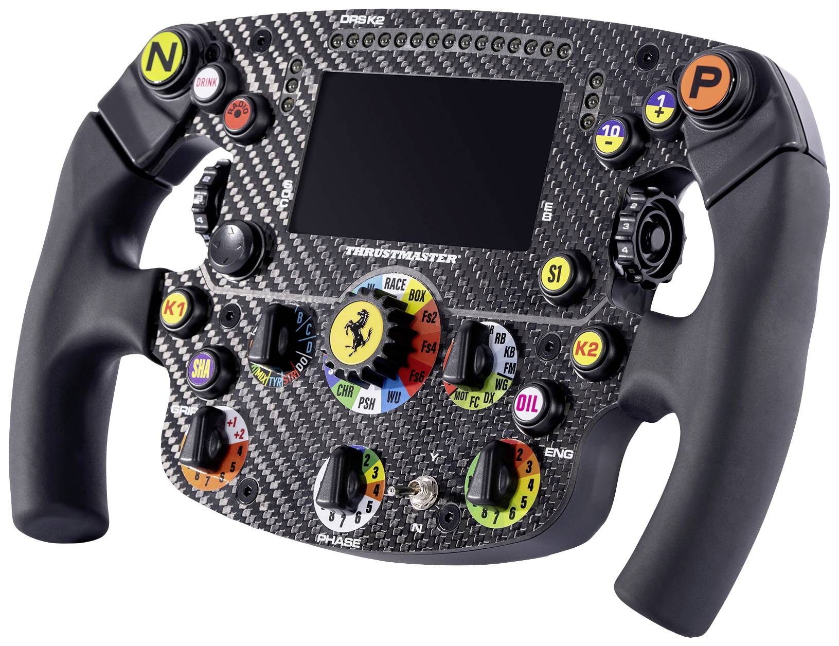 Een stuurwiel-controller in racesimulatorstyling met verschillende gekleurde knoppen en een klein scherm in het midden.