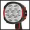 Draagbare LED-lamp met zeven ronde lenzen. Zwarte en rode behuizing. Geschikt voor heldere spotverlichting of breedstralige verlichting.