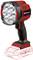 'Einhell Accu-lamp', rood-zwart, met zeven ronde verlichting aan de voorkant. Staand op een accu-blok voet. Model voor ambachtslieden.