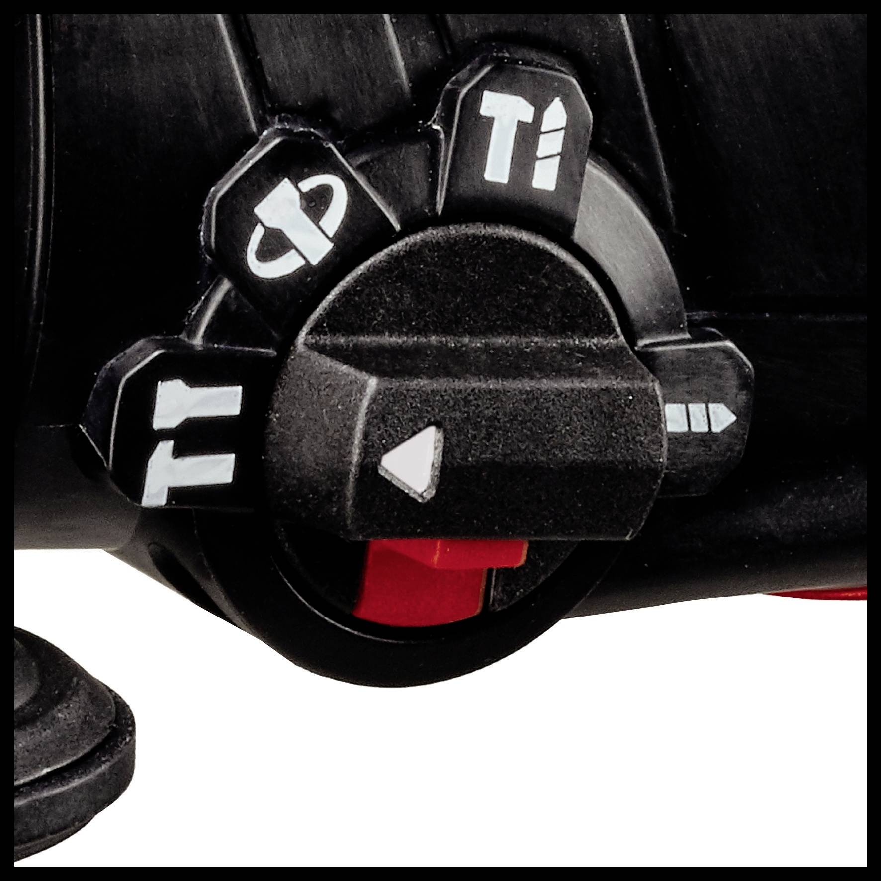 Close-up van een zwarte draaiknop met symbolen voor verschillende instellingen, waaronder pijlen en een planeet.