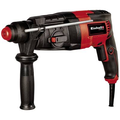 Een zwarte en rode boorhamer met zijhandgreep en boorkop van Einhell. Hij is elektrisch en geschikt voor betonwerkzaamheden.