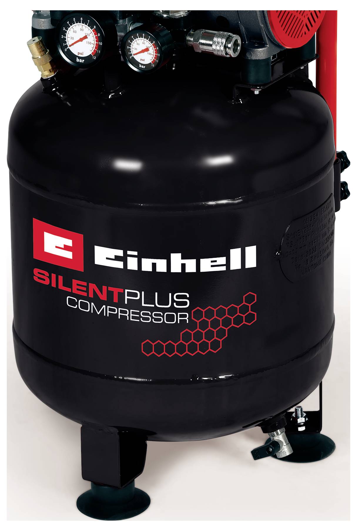 Zwarte Einhell SilentPlus luchtcompressor tank met manometers, rode motorbehuizing en voeten op een witte achtergrond.