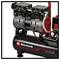 Zwarte Einhell Silent Plus luchtcompressor met dualmotoren, drukmeter en rode bedieningsaansluitingen op een witte achtergrond.