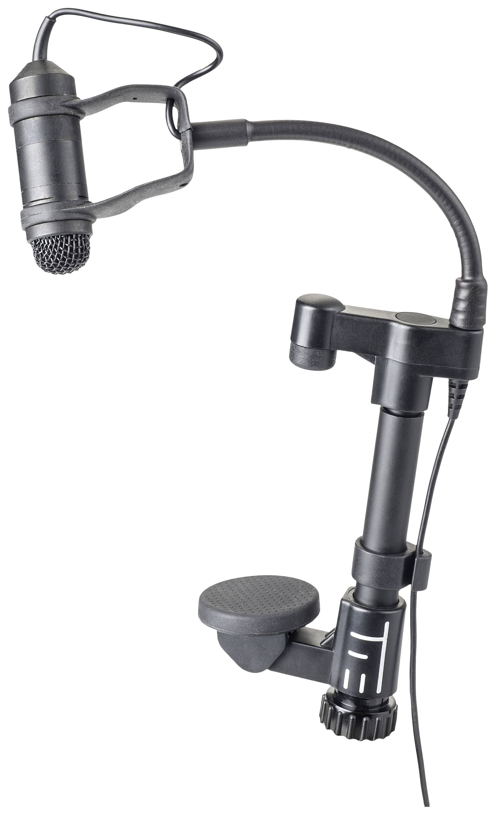 Zwart microfoon met flexibele zwanenhals en tafelklem. Geschikt voor handsfree spraakopnames tijdens presentaties of podcasts.