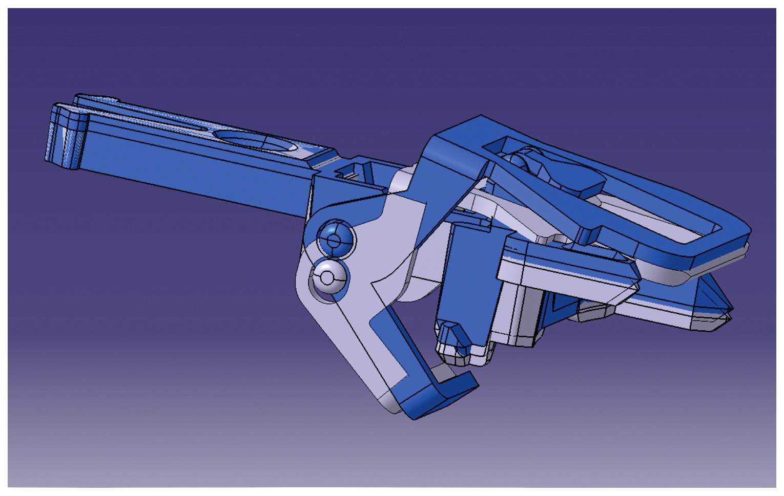 Een 3D-illustratie van een mechanische grijper met blauwe en grijze componenten tegen een donkere achtergrond.
