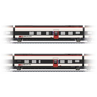 Twee silhouetten van SBB CFF FFS-treinen op rails getoond, met rood-zwarte strepen en rode deuren.