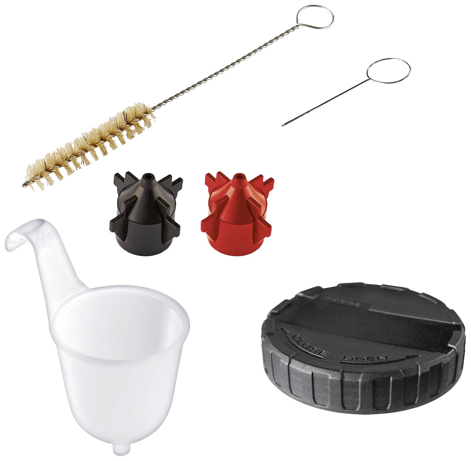 Accessoireset bestaande uit een reinigingsborstel, naald, twee ventielopzetstukken, kunststof inzetstuk en een schroefdeksel.