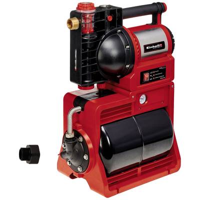 'Einhell huiswaterpomp' in rode kleur, compacte constructie, met drukindicator en robuuste behuizing; toont prestatie-eenheid en aansluitstukken.