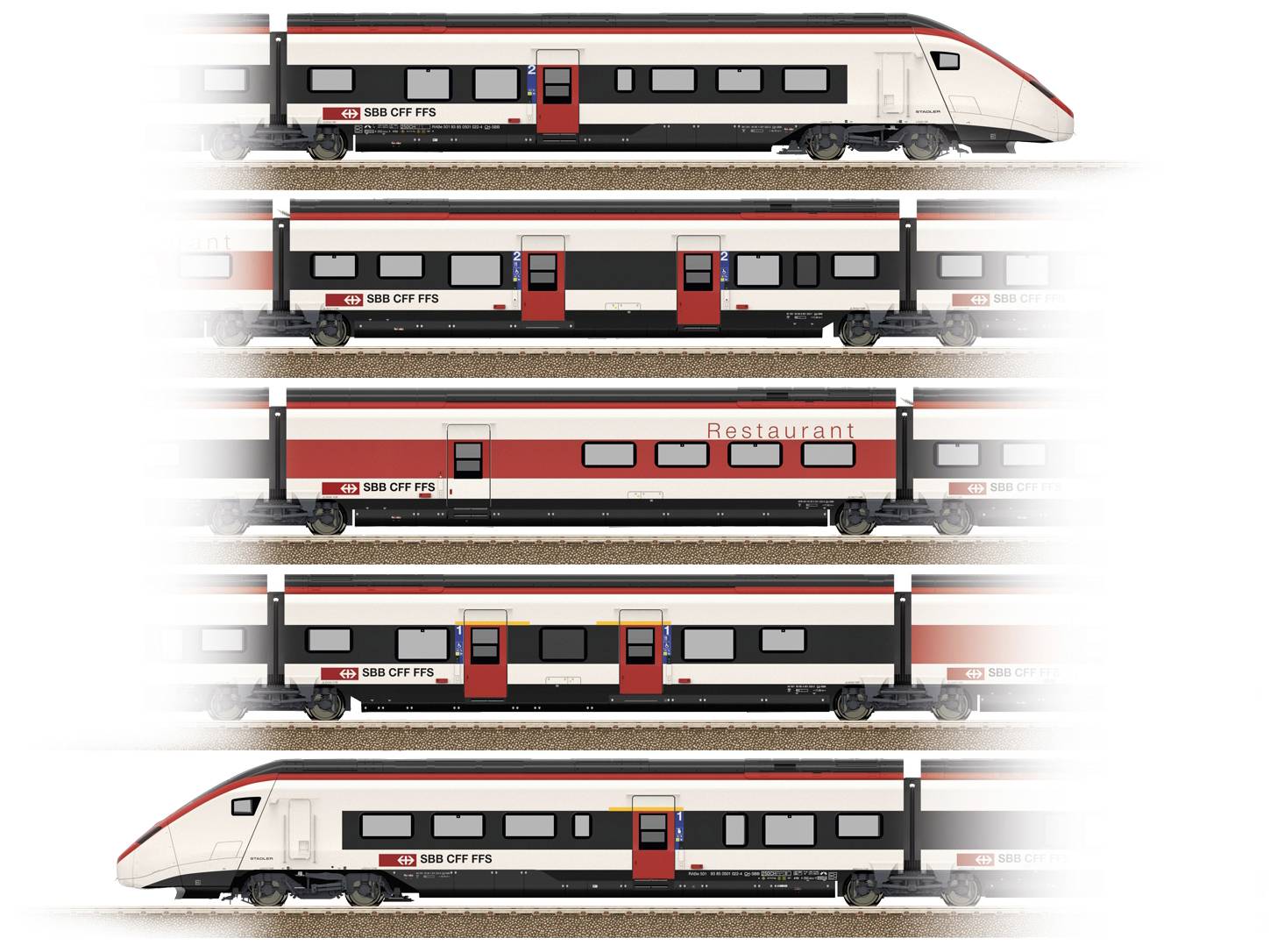 Een moderne trein met meerdere wagons, waaronder twee passagierswagons, een restauratiewagen met 'Restaurant'-opschrift en nog een andere wagon.