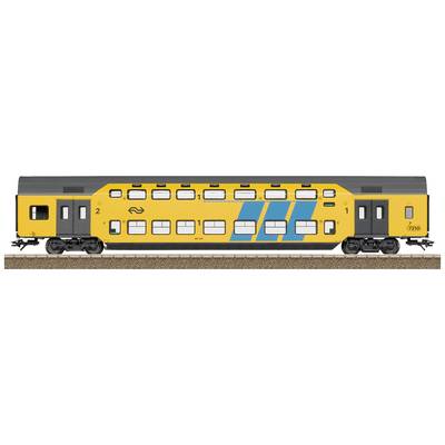 Gele dubbeldekstrein op het spoor, met blauwe strepen en nummer 7236. Deuren en ramen zijn zichtbaar, typisch voor Nederlandse treinen.