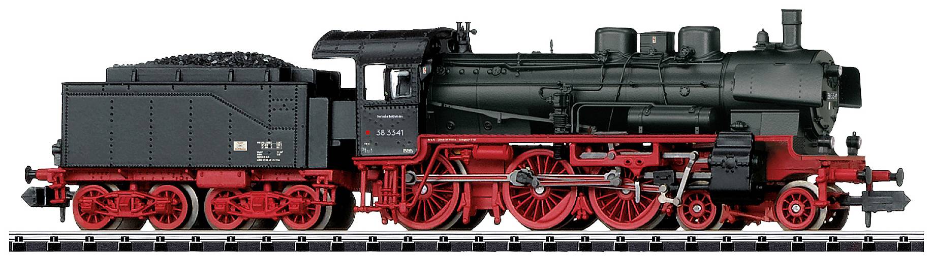 Een zwarte en rode stoomlocomotief staat op een spoor. Ze heeft details zoals schoorsteen, wielen en kolenwagen, typisch voor oude treinen.