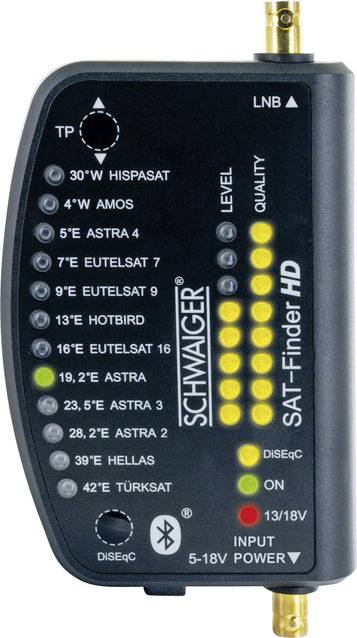 Satellietvinderapparaat met LED-indicatoren voor signaalsterkte en -kwaliteit, frequenties van verschillende satellieten en Bluetooth-functionaliteit.