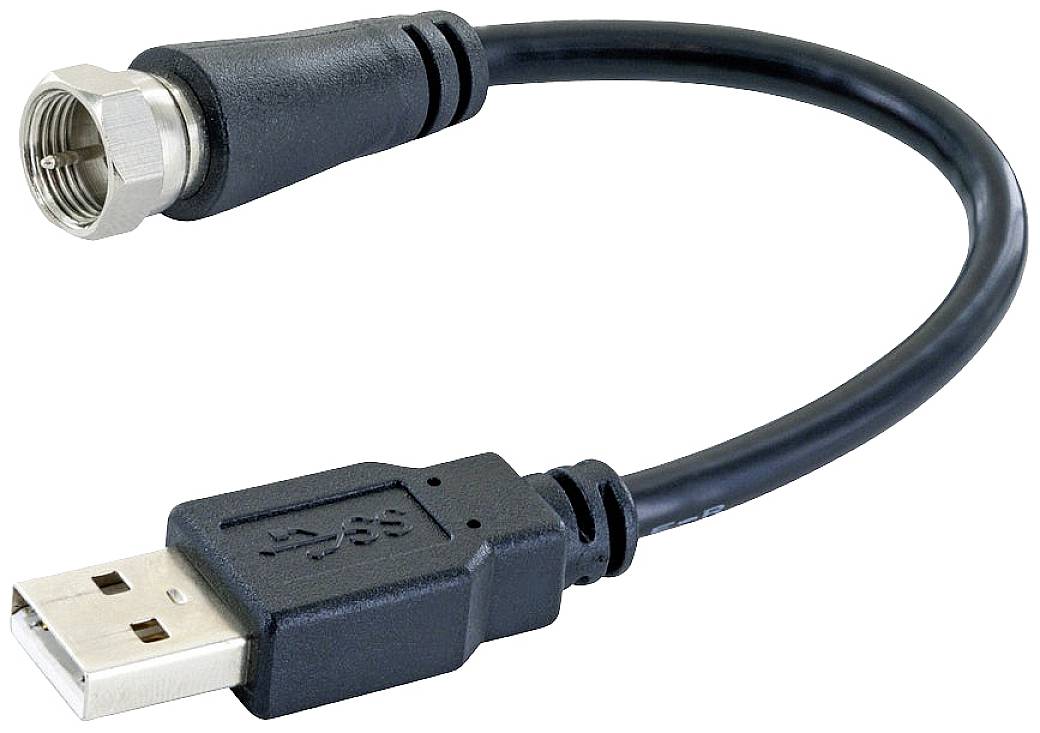 Een zwart USB-kabel met een USB-A-stekker aan de ene kant en een coaxiale stekker aan de andere kant.