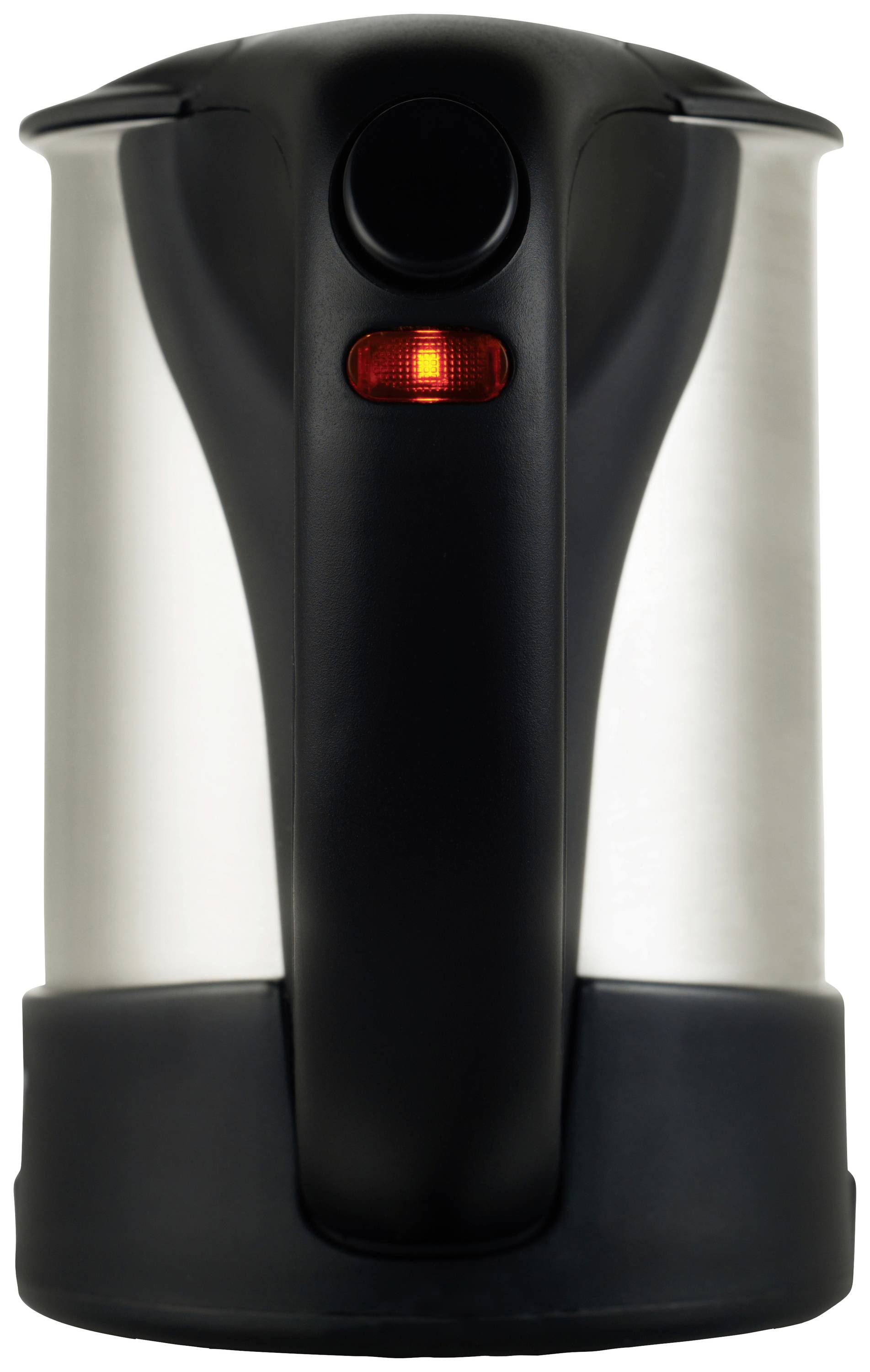 Een elektrische waterkoker met een zwarte handgreep en een rode controlelamp die aangeeft dat het apparaat in gebruik is.