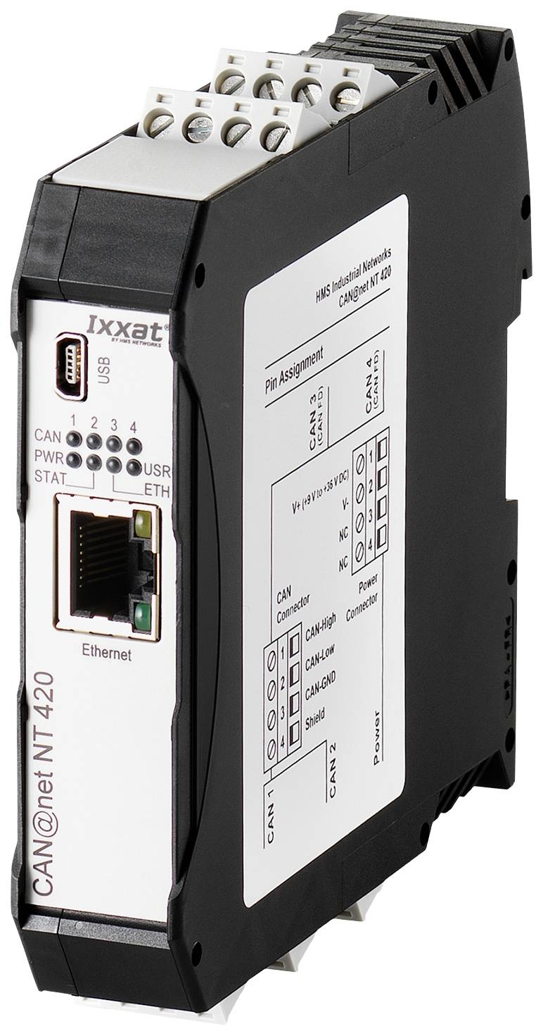 'CAN@net NT 420'-module met Ethernet- en USB-interfaces, CAN-bus-aansluitingen bovenaan. Apparaat voor industriële netwerkintegratie.