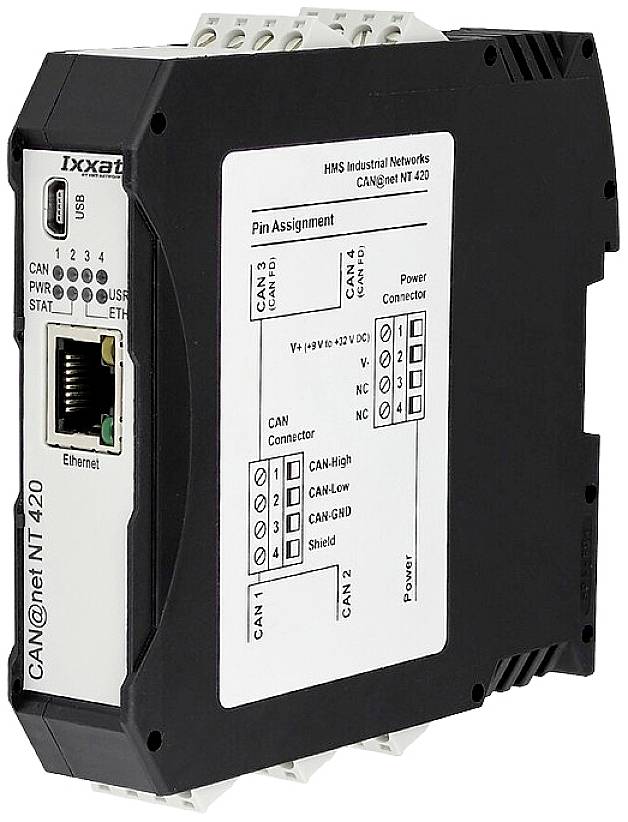 Een industrieel netwerktoestel met aansluitpunten en Ethernet-aansluiting, gemerkt met 'CAN@net NT 420' van HMS Industrial Networks.