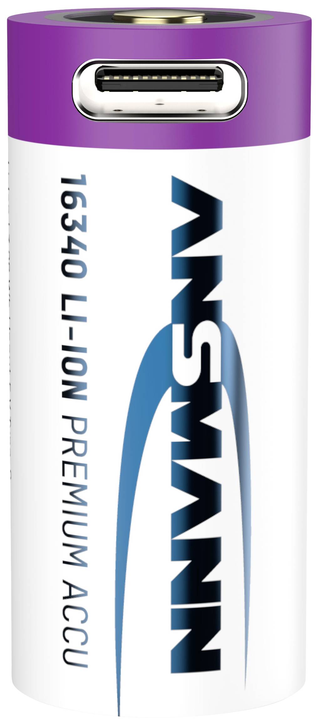 Lithium-ion batterij type 16340 van Ansmann met paarse bovenkant en 'Li-Ion Premium Accu' opdruk.