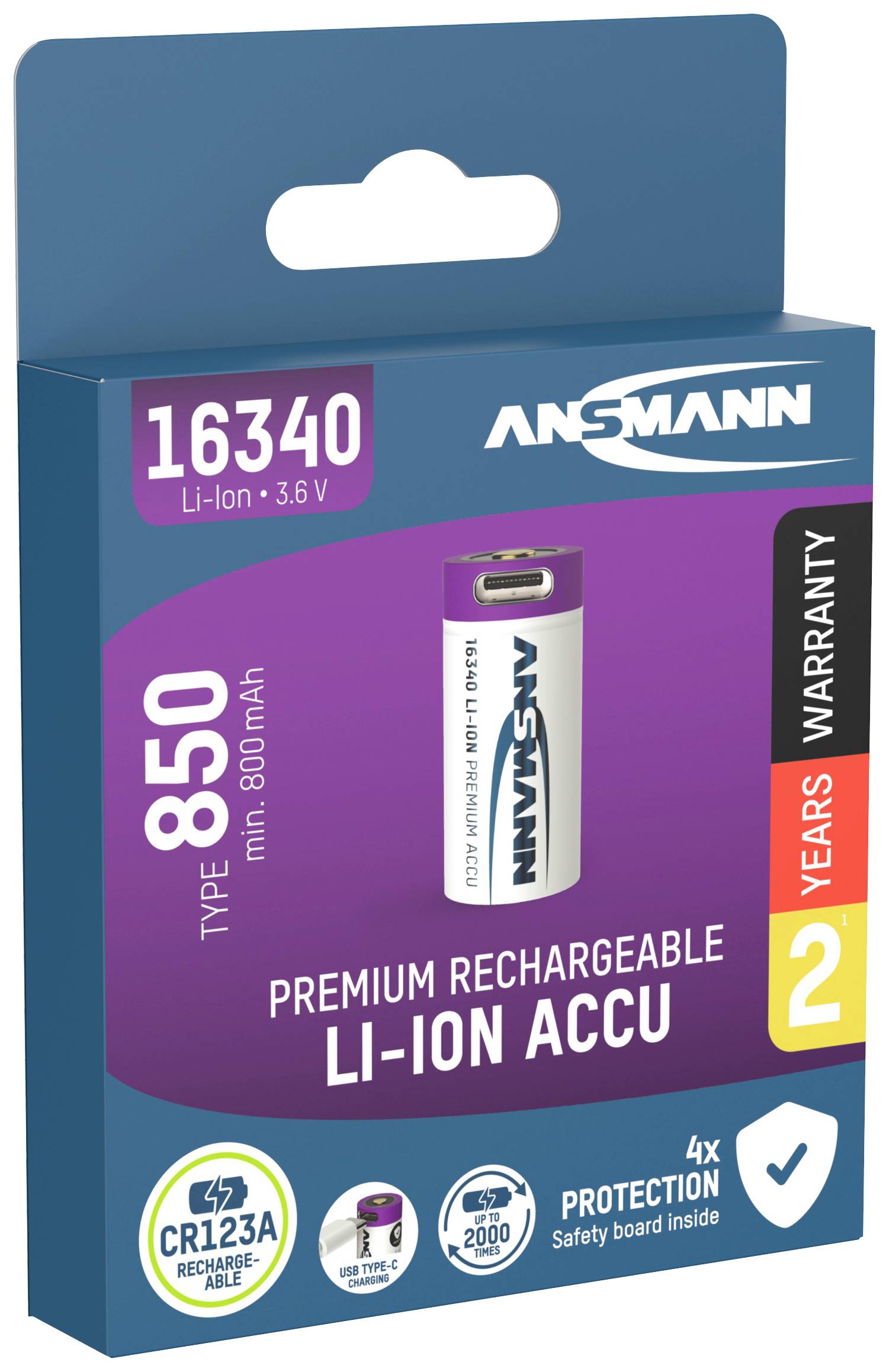 Verpakking van een oplaadbare Ansmann 16340 Li-Ion-batterij. Capaciteit: 850 mAh. Twee jaar garantie. 3,6 Volt.
