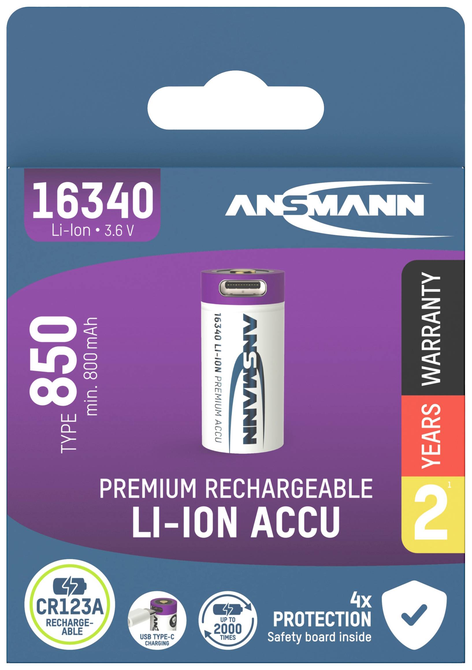 'Ansmann 16340 Li-Ion accu, 850 mAh, 3,6 V, oplaadbaar, 2 jaar garantie, beschermd door beveiligingsprint, compatibel met CR123A.'
