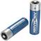 Twee blauwe lithiumbatterijen met de tekst 'Lithium Battery 3.6V'. Eén batterij staat rechtop, de andere ligt er plat naast.