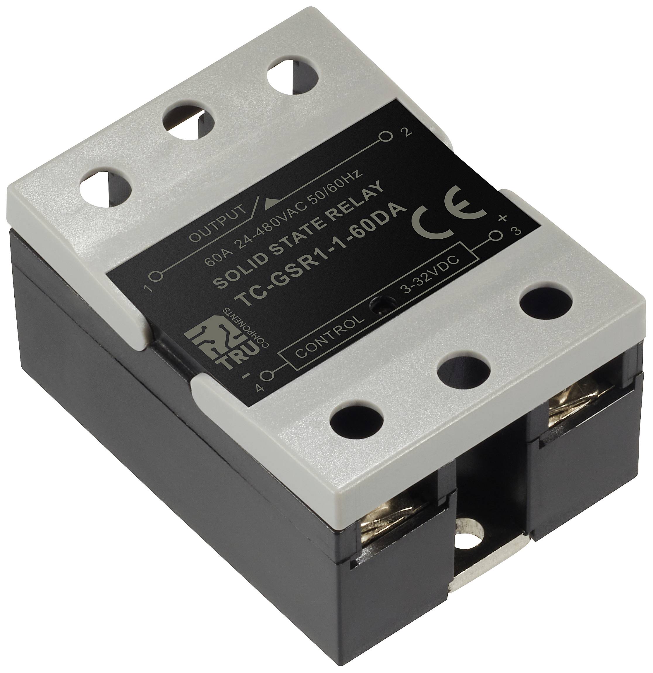 Solid-state relais TC-G5R1-1-60D4, 60A/24-480VAC, 3-32VDC besturing, geschikt voor toepassingen met variërende belastingsstroom, CE-gecertificeerd.