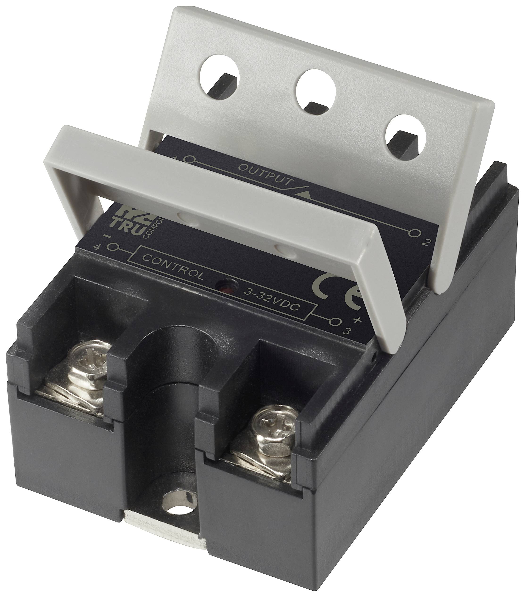 Een halfgeleiderrelais met ingangs- en uitgangsklemmen. Op de voorkant zijn de aanduidingen 'Control' en 'Output' zichtbaar.