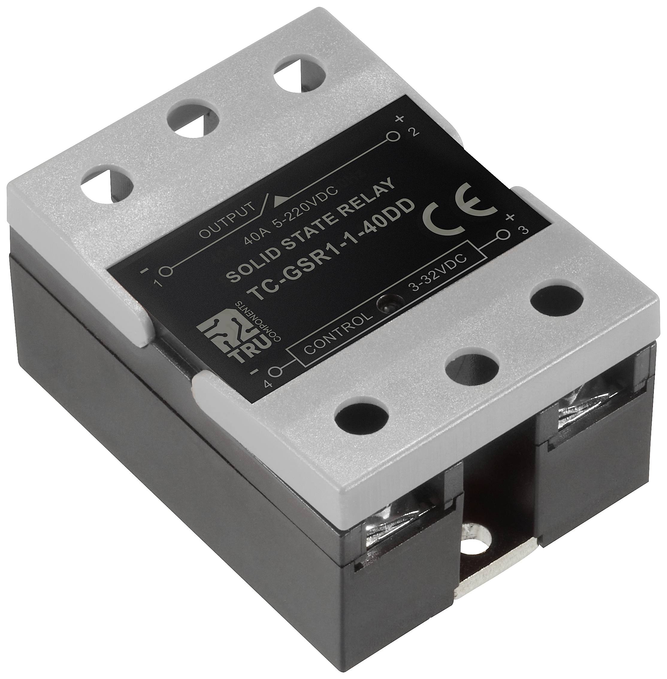 'Grijs en zwart solid-state relais met opschrift: 40A, 3-32VDC, CE-gecertificeerd.'