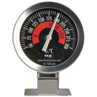 Een oventhermometer geeft een temperatuur van ongeveer 175 graden Celsius aan. Een schaal van 50 tot 300 graden is zichtbaar.