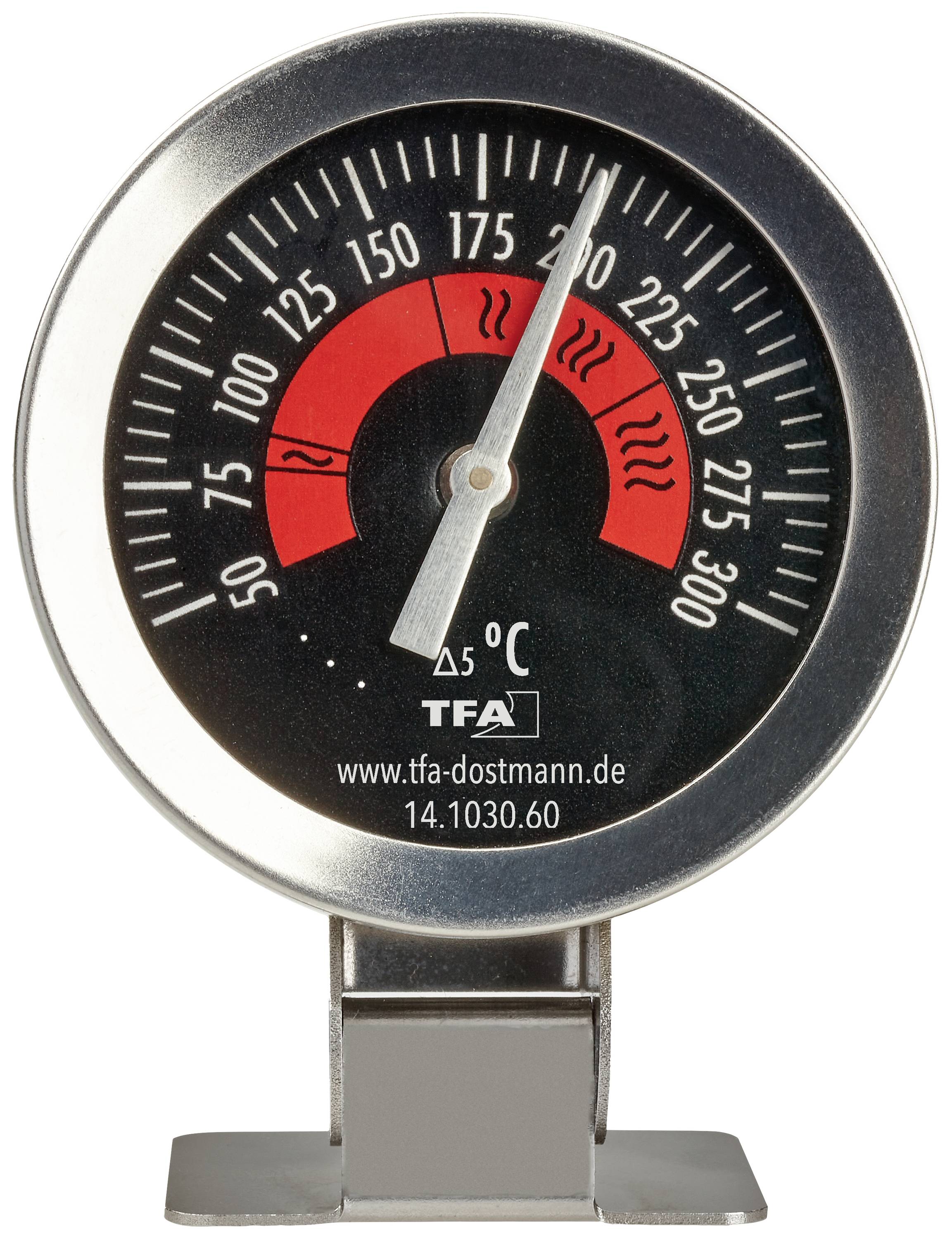 Een ronde grillthermometer geeft ongeveer 230°C aan. Het schaalgebied loopt van 50°C tot 300°C, met kleurenzones voor de hittestadia.