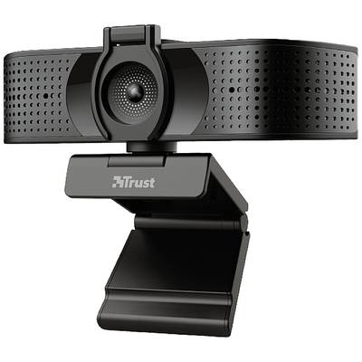 Zwarte webcam met montagesteun, merknaam 'Trust' zichtbaar.