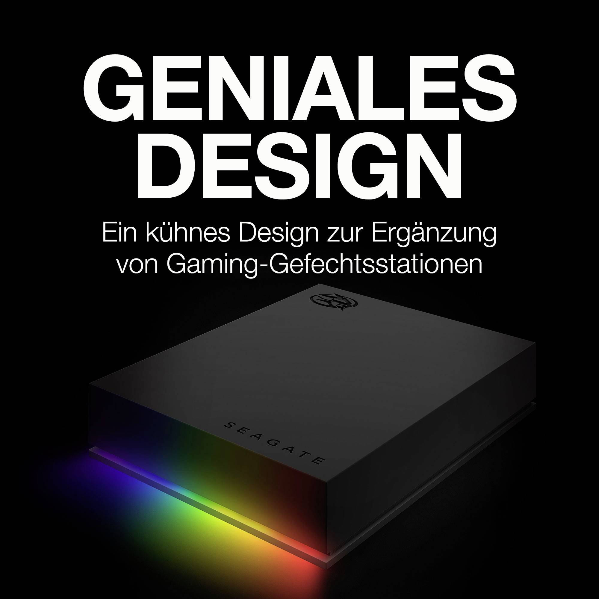 'Geniaal Design': Zwarte, lichtgevende Seagate-harde schijf met regenboogeffect, gepromoot voor gaming-gevechtsscenario's.