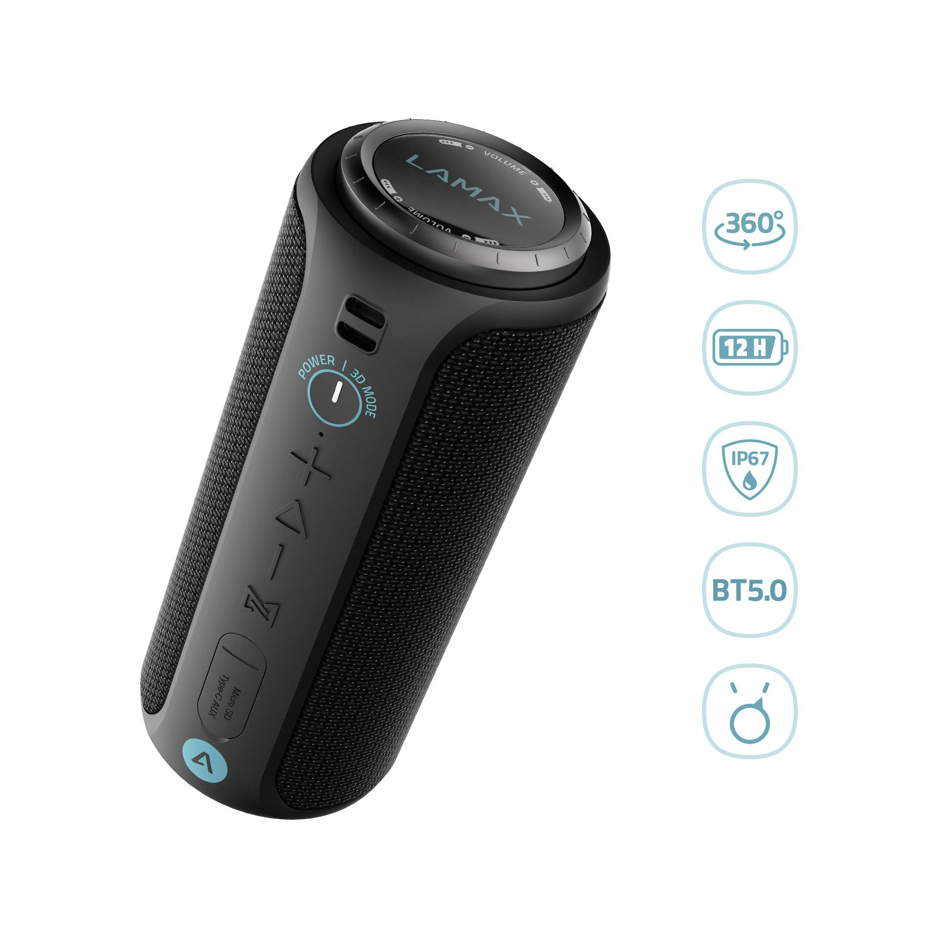 Draagbare Bluetooth-speaker in zwart met blauwe accenten. Eigenschappen: 360° geluid, 12 uur batterijduur, IP67 waterdichtheid, BT 5.0.