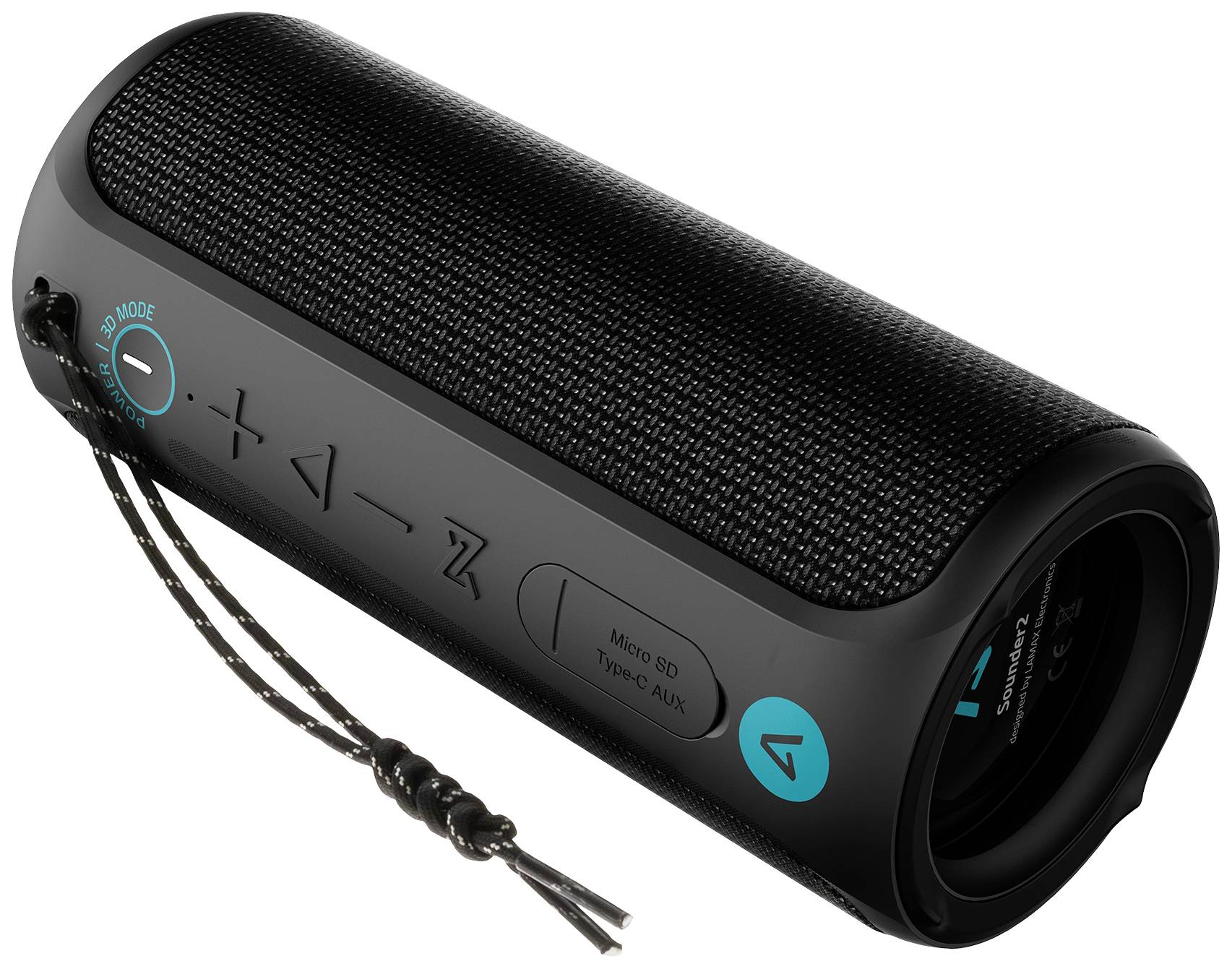 Een zwarte draagbare luidspreker met knoppen voor volume, afspelen en pauzeren. Blauwe accenten benadrukken het design.
