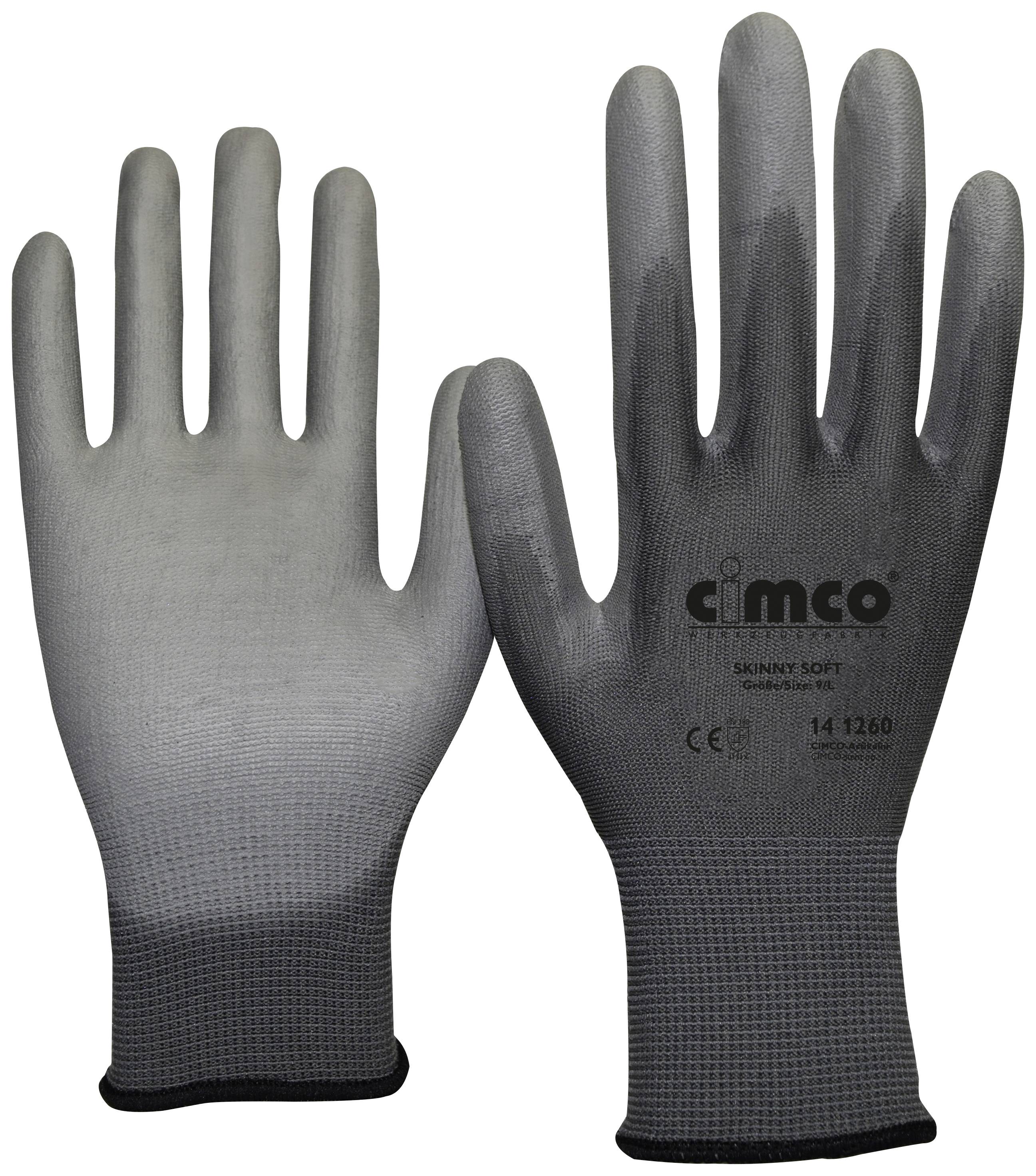 Twee grijze werkhandschoenen met 'Cimco' logo en opschrift '14 1260'. Ze zijn naadloos en bedekken de polsen.
