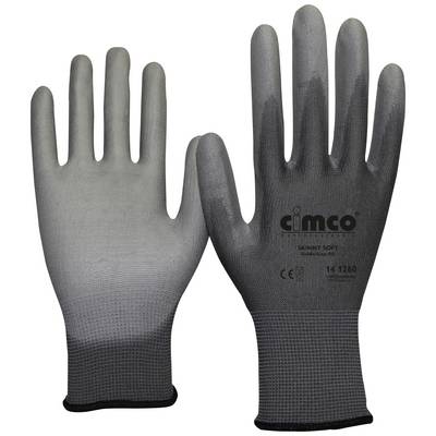 Twee grijze werkhandschoenen met 'Cimco' logo en opschrift '14 1260'. Ze zijn naadloos en bedekken de polsen.