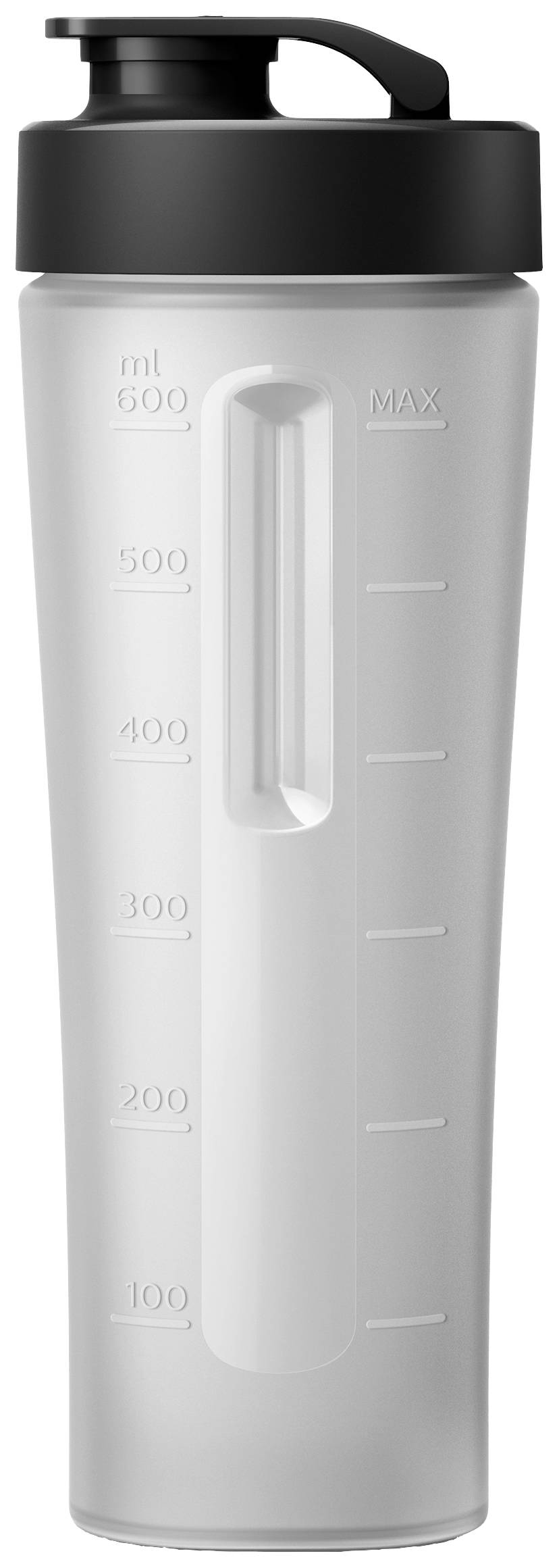 Transparante plastic fles met zwarte dop, meetschaal tot 600 ml. Handvat om vast te houden.