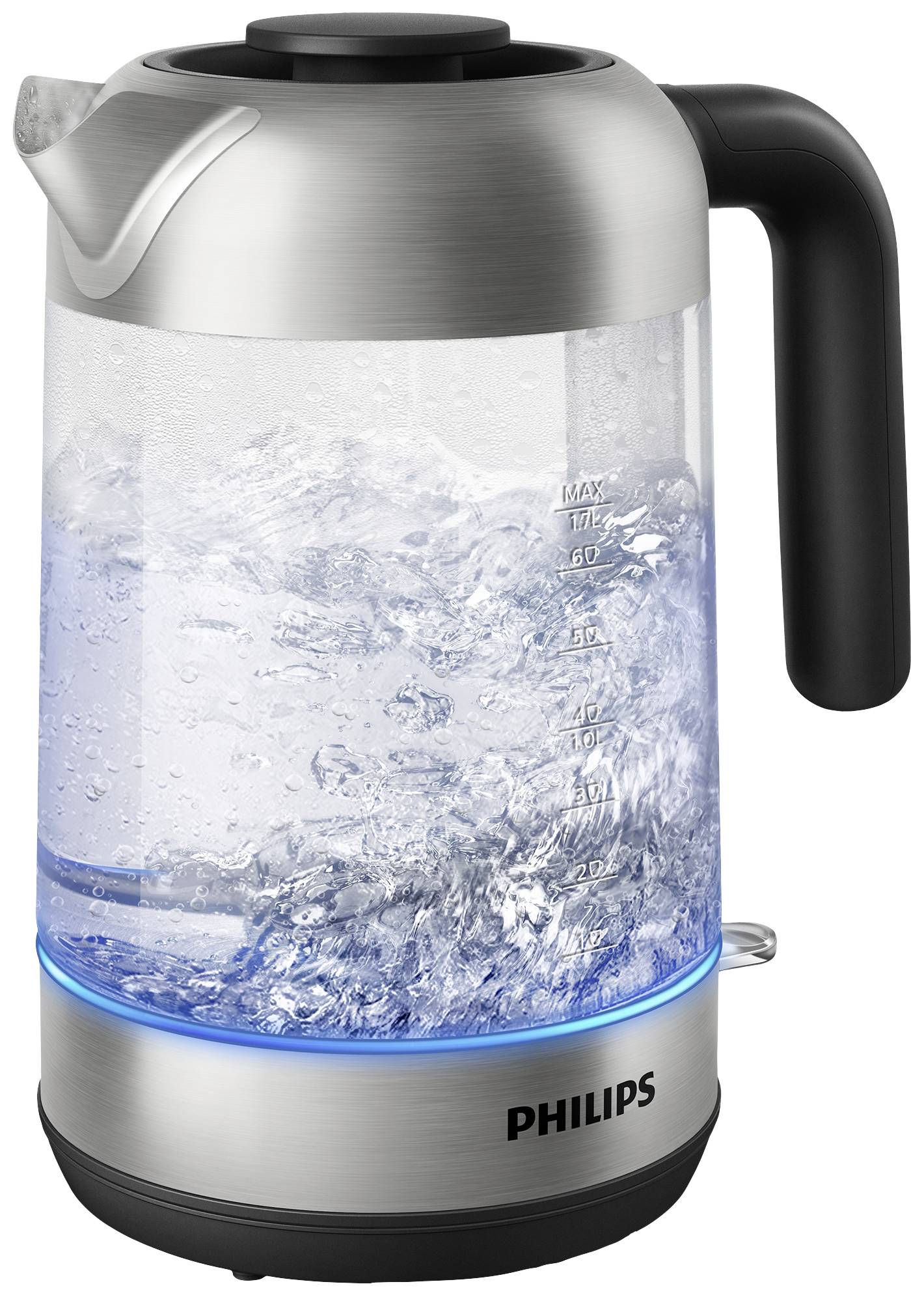 Een moderne waterkoker van roestvrij staal en glas kookt water. Bellen zijn zichtbaar om het kookproces aan te geven.