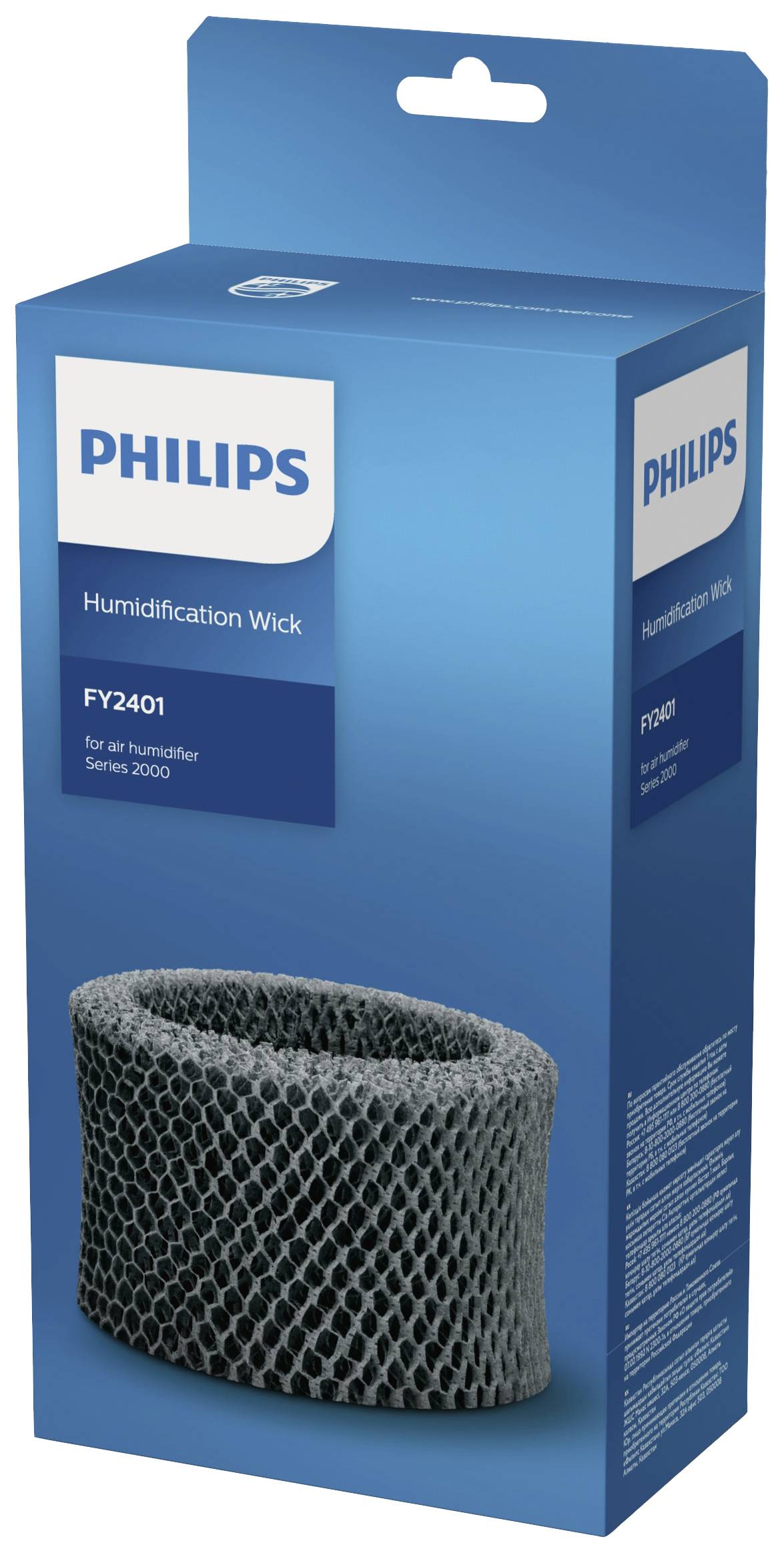 Kartonnen doos voor 'Philips Bevochtigingswick FY2401', reserveonderdeel voor luchtvochtigheidsapparaten uit de serie 2000. Voornamelijk in het blauw uitgevoerd.