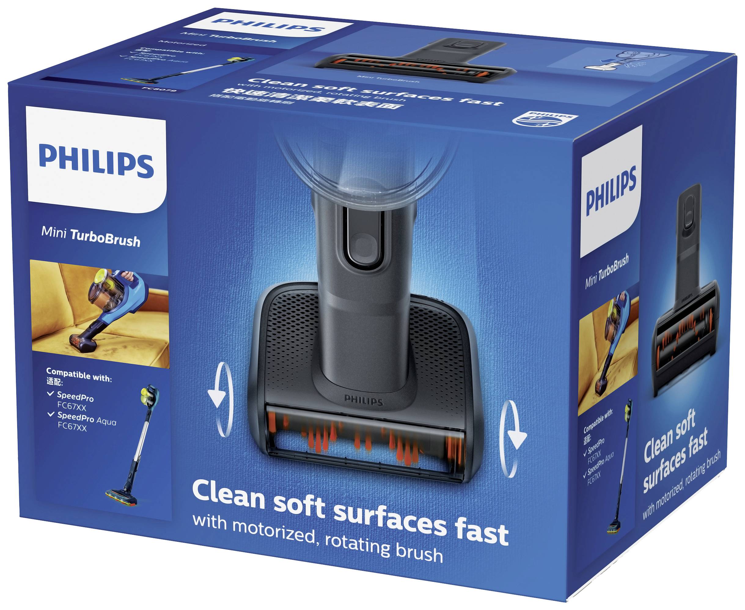 Een blauwe verpakking voor een Philips Mini TurboBrush, toont het product met een gemotoriseerde, roterende borstelkop voor snel reinigen van zachte oppervlakken. Compatibel met meerdere stofzuigermodellen.