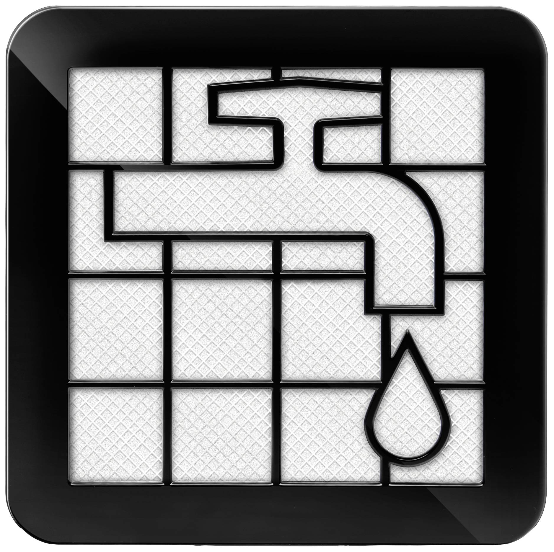 Symbool van een waterkraan met druppel, weergegeven in een iconisch, gestileerd ontwerp, op een betegelde achtergrond.