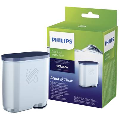 Waterfilter van Philips naast de productverpakking. Verpakkingstekst vermeldt 'Calc and water filter' en 'Aqua Clean'.