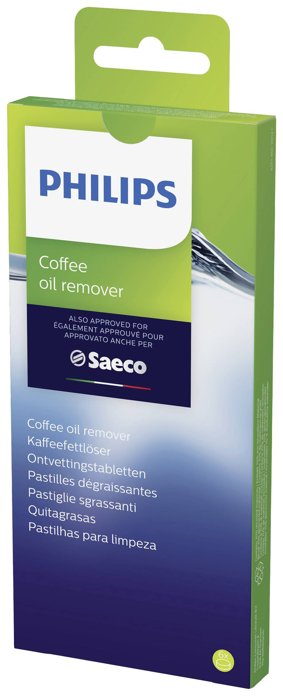 'Philips Koffieontvettertabletten' verpakking van Saeco. Tekst in meerdere talen. Bevat tabletten voor het verwijderen van koffie-olieafzettingen.