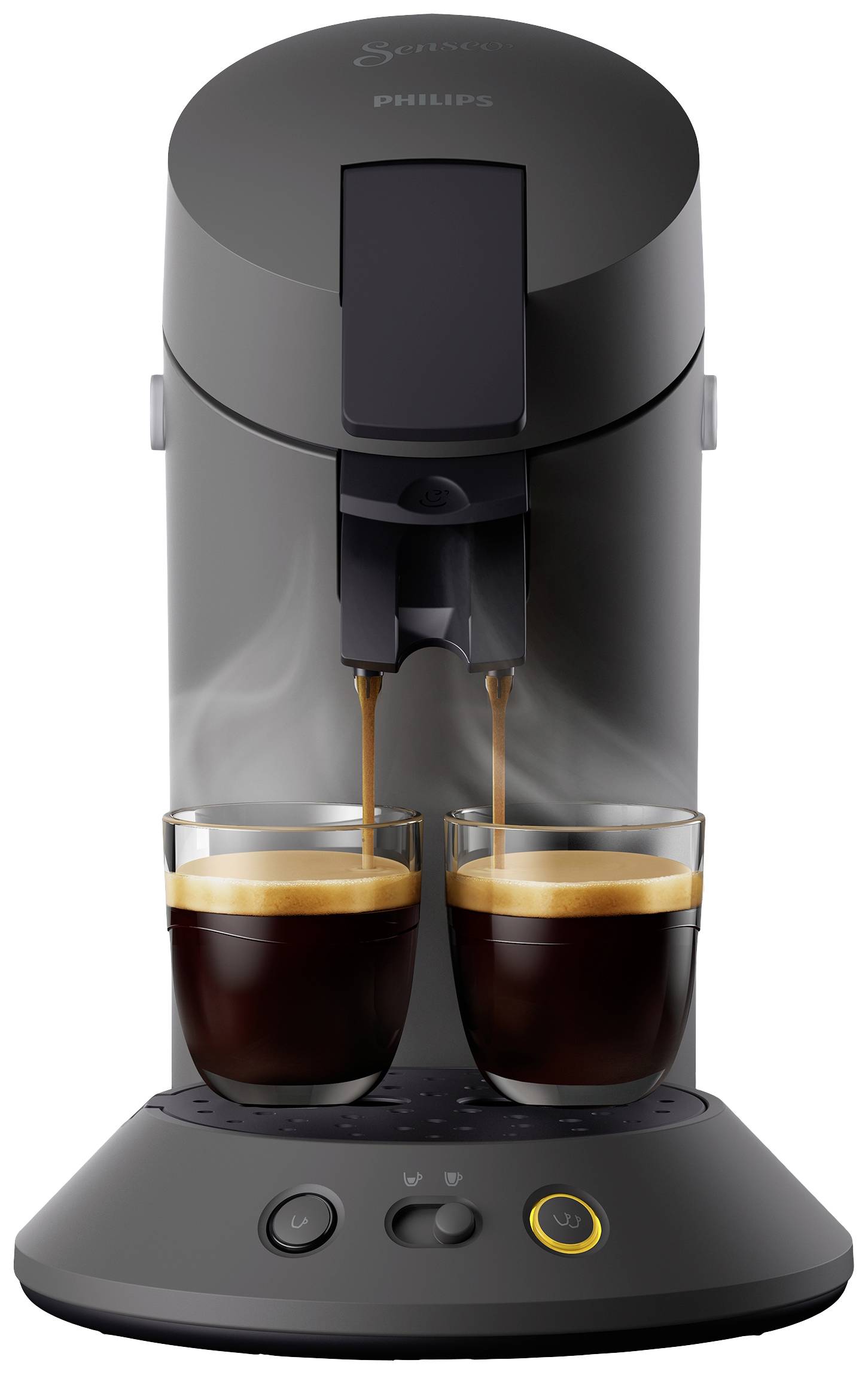 Twee espressokopjes onder een zwarte koffiemachine die espresso uit twee tappunten schenkt.