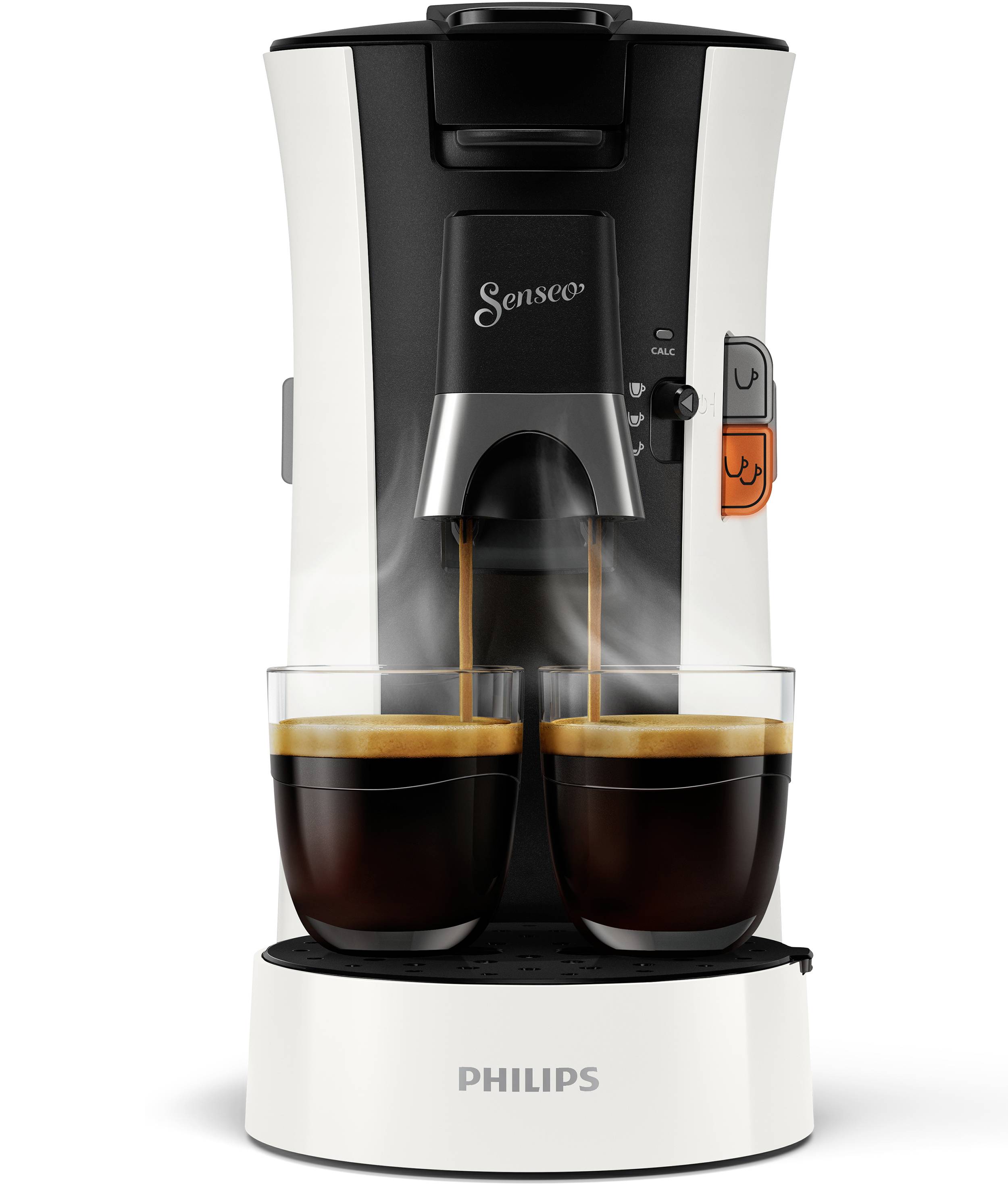 'Philips Senseo' koffiepadsysteem met twee gevulde glazen, dampend, toont de functie van dubbele koffiezetting.